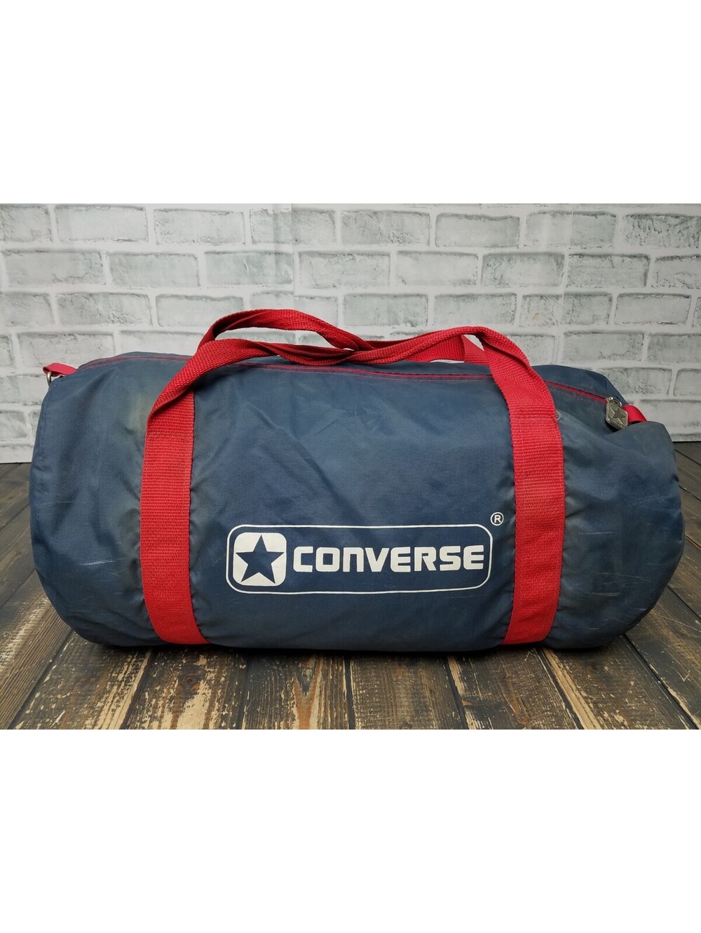 Vintage Converse BLUE / RED STRAPS Large Duffle Gym Bag Blue Zip 18x10 Canvas